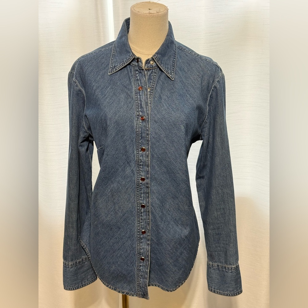 VTG Express Blues 90s Denim Button Down Shirt Medium Amber Snaps 100% Cotton